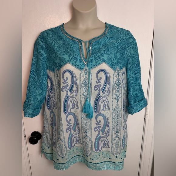 Chicos Faraway Land Embellished Blue Tunic XL 16 #1626 - Picture 3 of 11